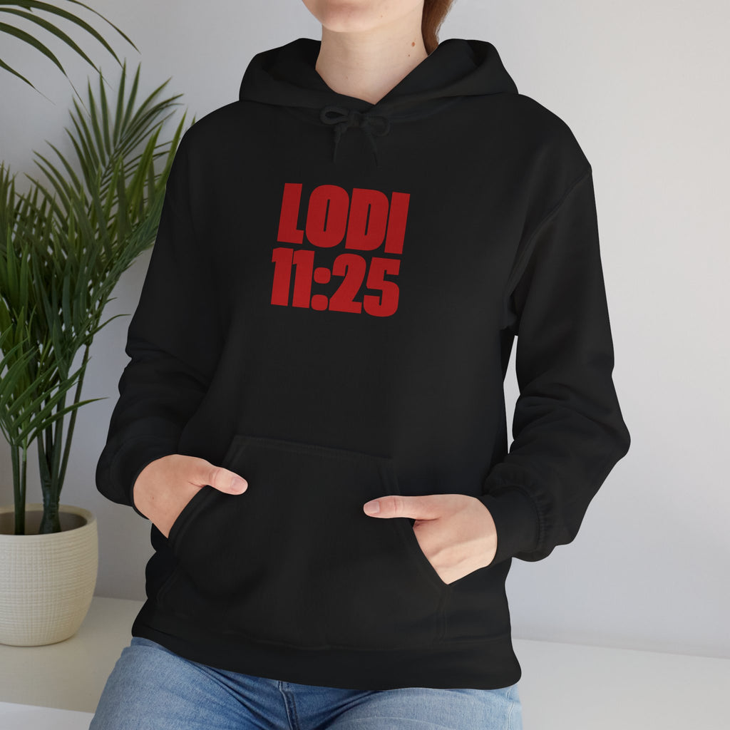 Lodi 11:25 Hoodie — Bold Red Block Typography Pullover