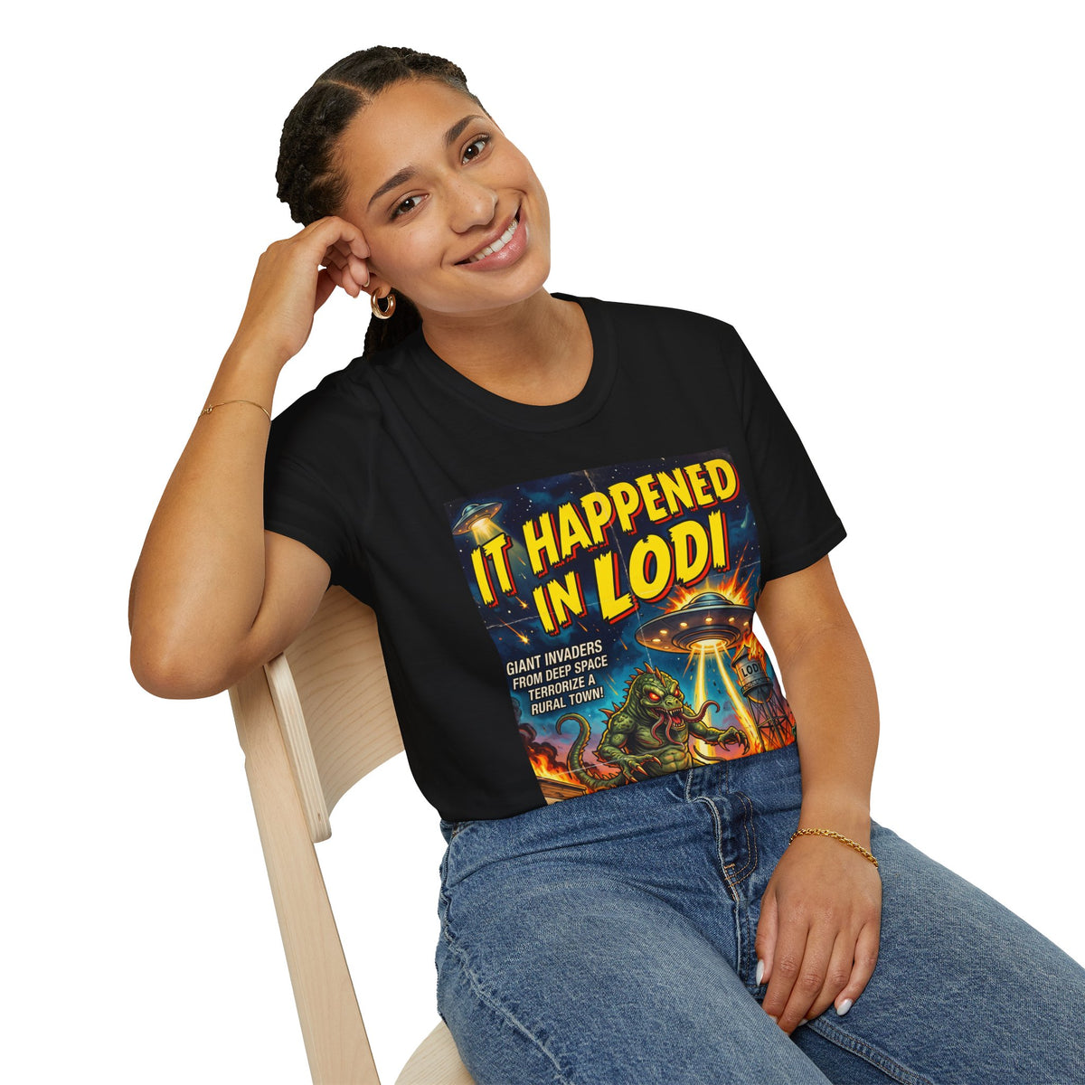 It Happened in Lodi T-Shirt — Retro Sci‑Fi Alien Invasion Graphic Tee
