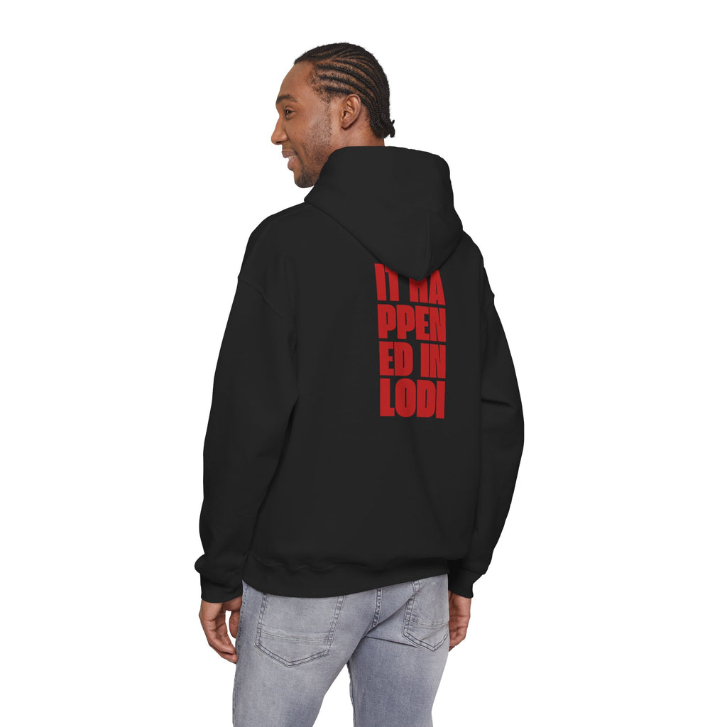 Lodi 11:25 Hoodie — Bold Red Block Typography Pullover