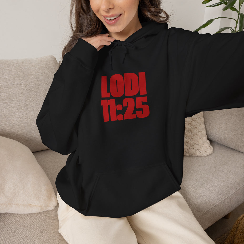 Lodi 11:25 Hoodie — Bold Red Block Typography Pullover