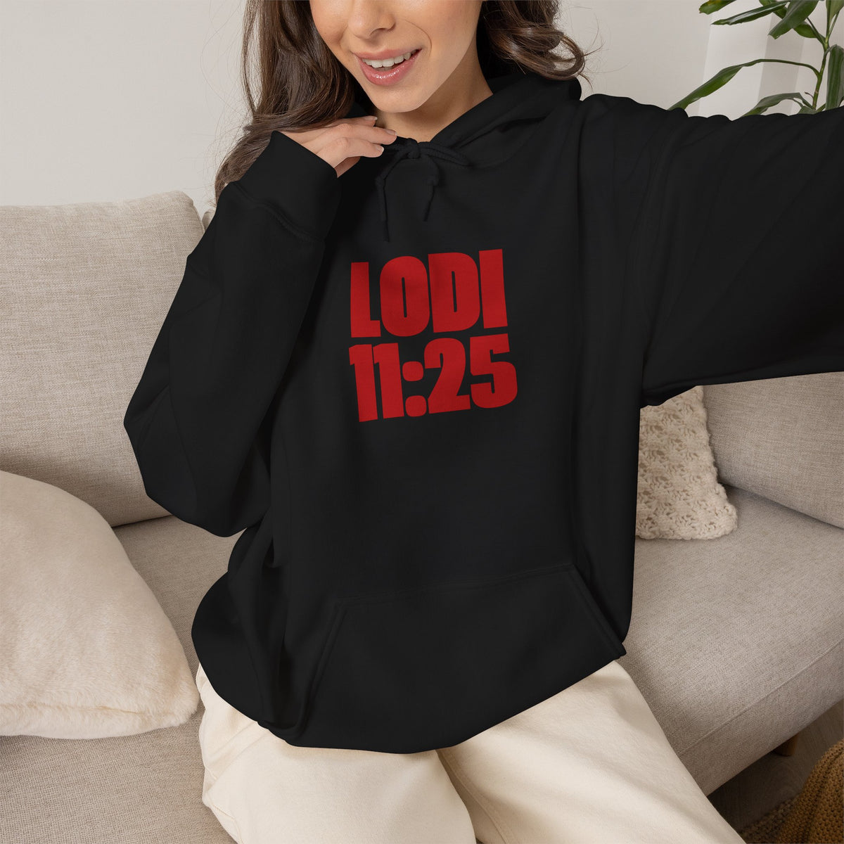Lodi 11:25 Hoodie — Bold Red Block Typography Pullover