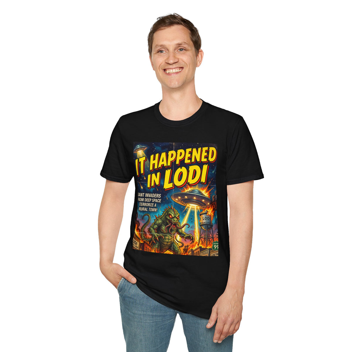 It Happened in Lodi T-Shirt — Retro Sci‑Fi Alien Invasion Graphic Tee