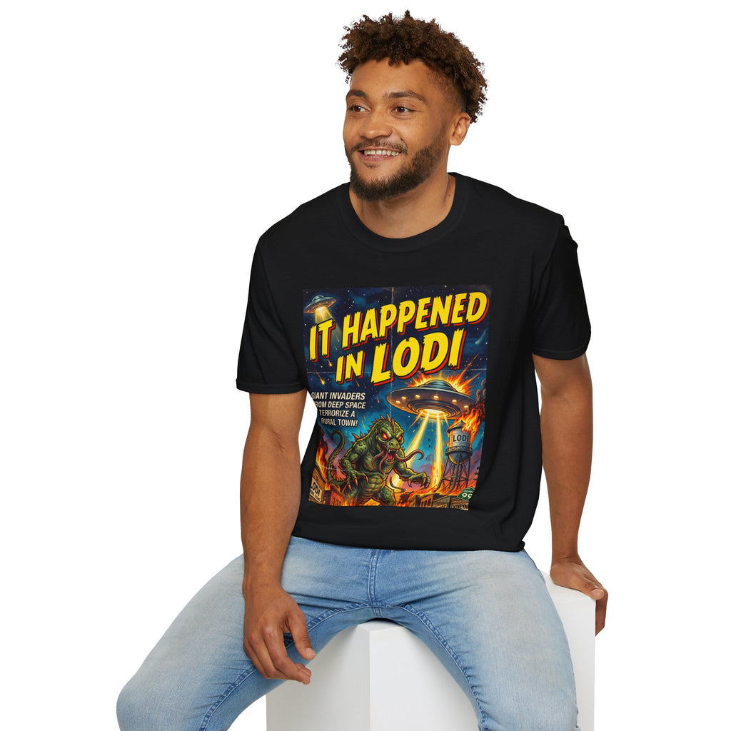 It Happened in Lodi T-Shirt — Retro Sci‑Fi Alien Invasion Graphic Tee