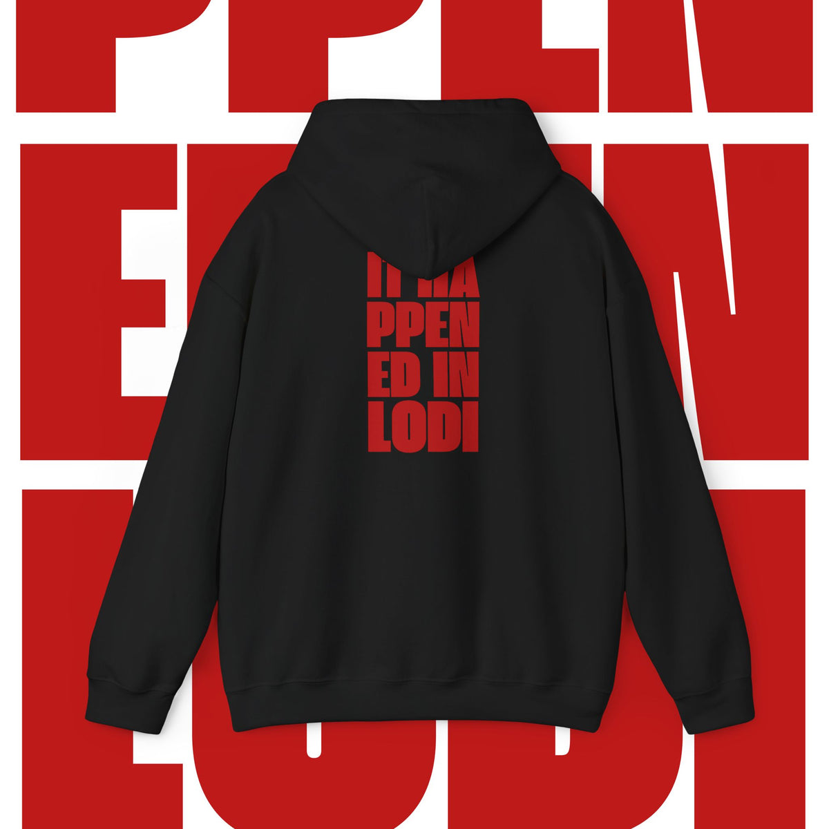 Lodi 11:25 Hoodie — Bold Red Block Typography Pullover