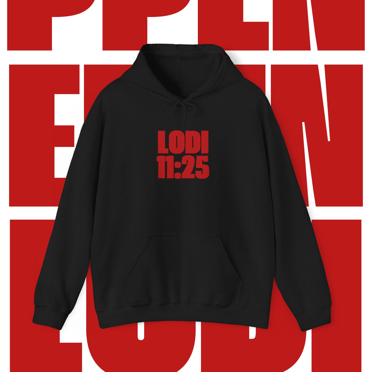 Lodi 11:25 Hoodie — Bold Red Block Typography Pullover