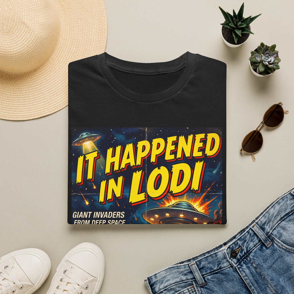 It Happened in Lodi T-Shirt — Retro Sci‑Fi Alien Invasion Graphic Tee